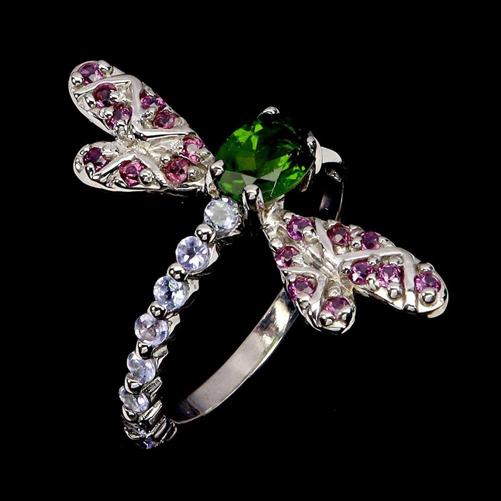 925 Sterling Silver Ring size 8 - Oval Chrome Diopside & Garnet Dragonfly design